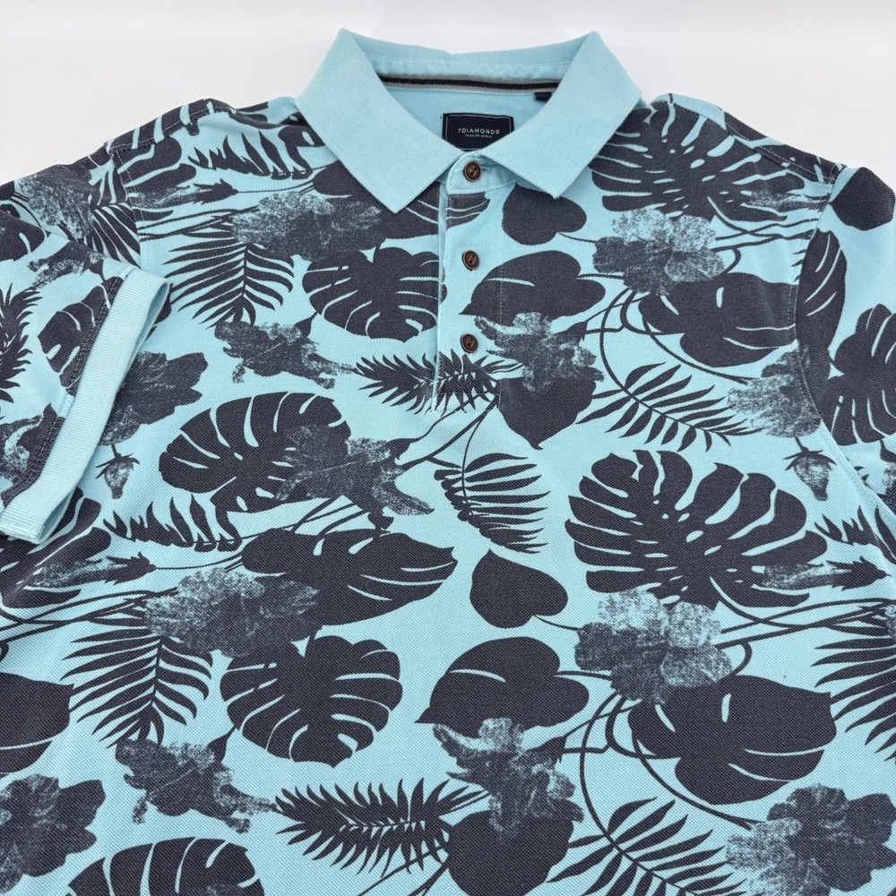 7Diamonds Polo Shirt Tropical Monstera Leaf Print Mens Large Aqua Blue Navy